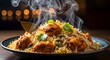 © Ezio17 - Chicken biryani Spicy Indian Hyderabadi biryani : Generative AI, chicken biryani spicy food, top view, chicken biryani, spicy food photography, with flying food effect