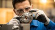 © JUGNO - Male engineer inspecting precision metal part with magnifying glass