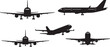 © Mazharul - airplane front view side view takeoff landing silhouette set black vector