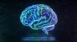 © Login - Abstract neon glowing brain hologram on futuristic HUD background for technology wellness and AI concept