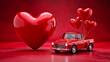 © Kamranazhar - Red toy pickup truck carrying heart balloons with large heart symbol representing love and valentine concept