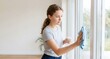 © Marina - Teen girl washing windows with cloth in a bright, modern interior