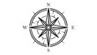 © Faria - Vintage compass rose vector icon illustration featuring hand-drawn black line art on a white background. Nautical navigation symbol with cardinal directions North, East, South, West and fleur-de-lis.