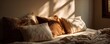 © seksun - A cozy bed with soft linen and pillows, morning sunlight through the window