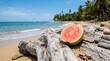 © Ziku - Half of a fresh pink guava resting on a weathered driftwood log on a tropical sandy beach with turquoise ocean water, palm trees, and clear blue sky, exotic fruit and summer travel concept