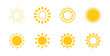 © oneflock - Sun icon set sunset vector. Shine sun ray set. Yellow simple sun, hot, waves, rays, summer, evening, summer weather symbol