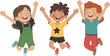 © Majnur - Happy jumping children illustration, cartoon kids celebrating together, cheerful playful characters colorful vector design