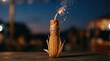 © Breezze - Corn cob firework rocket with lit fuse and sparks on a rustic wooden table at twilight, creative festive decoration concept with copy space for advertising