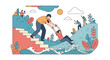© Arfan - Man helping a woman climb up a set of stairs while she reaches out from water in a dynamic outdoor landscape scene.