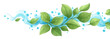 © AnaiChan - Illustration von lebendigen grünen Blättern, die in einer sanften blauen Wasserwelle schweben, perfekt für Nachhaltigkeit und Frische.