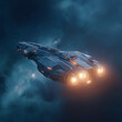 © AS_SleepingPanda - A large futuristic spacecraft with illuminated engines travels through a nebula in outer space