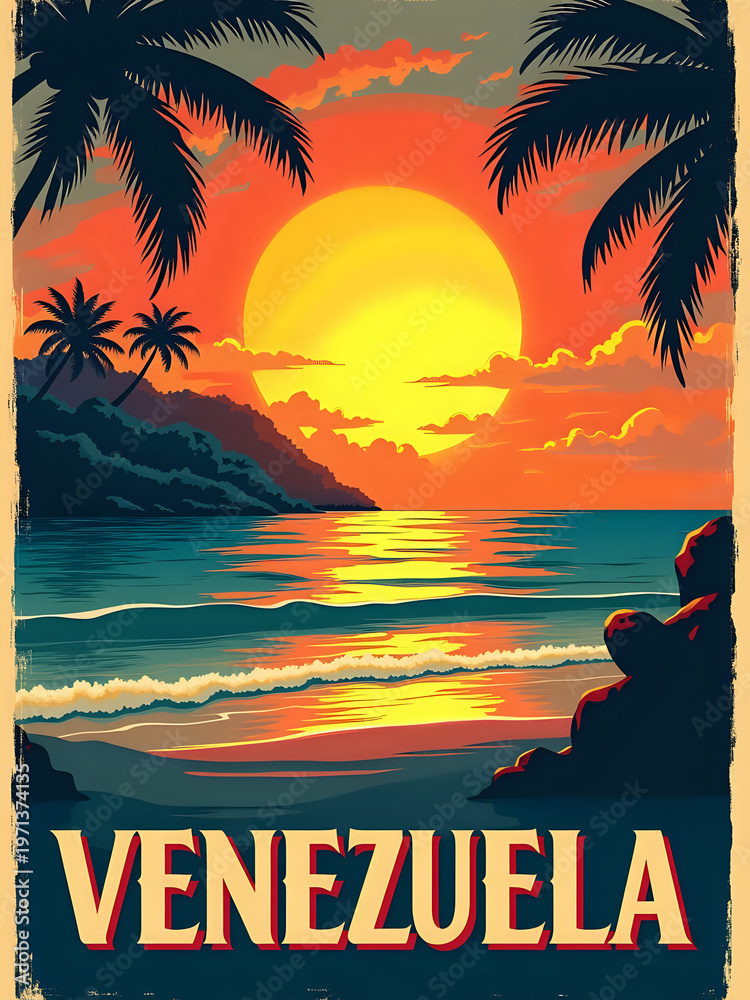 A sunset over a beach in Venezuela. The sun sets behind hills, and the water reflects orange and yellow hues. Palm trees line the shore, creating a tropical feel.