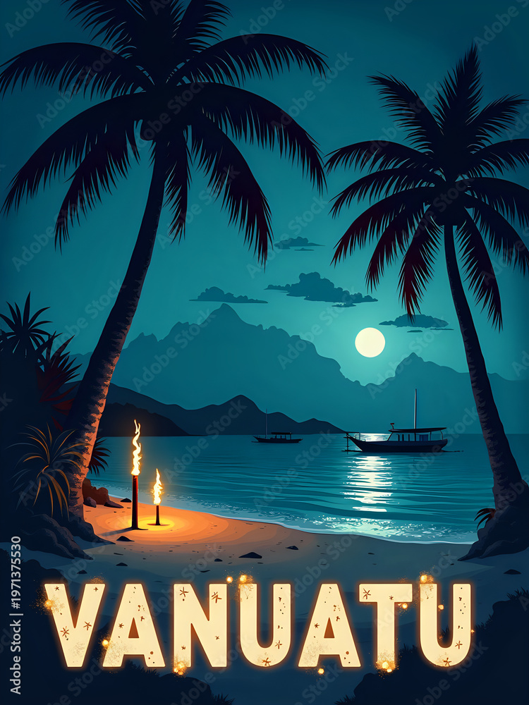 The scene shows a beach at night in Vanuatu. Palm trees frame the view, and a large moon shines over calm water. A boat is anchored nearby, and a torch lights up the sand.
