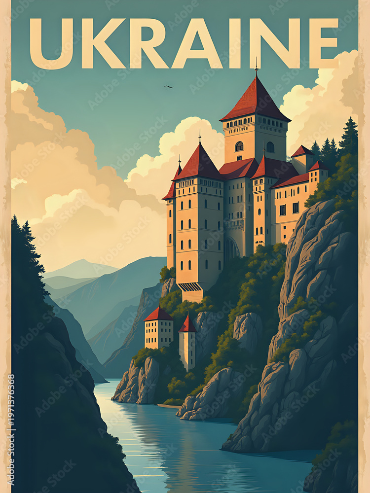 A castle sits on a rocky cliff above a river in Ukraine. Mountains rise in the background. The sky holds clouds. This scene shows the beauty of the landscape and architecture.
