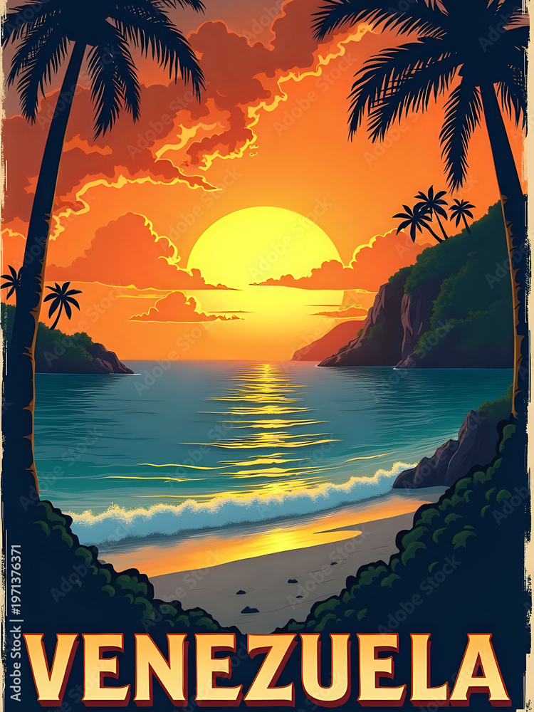 A sunset scene shows the sun setting over the water in Venezuela. Palm trees frame the view. Waves gently wash up on the shore. The sky has bright colors and clouds.