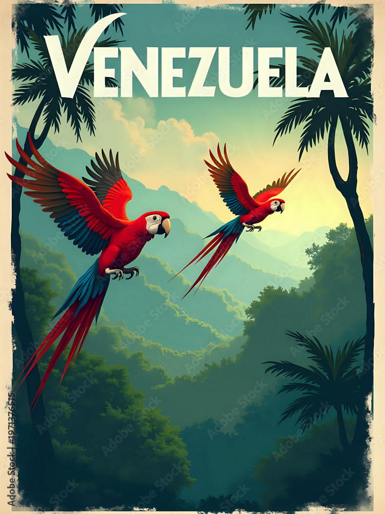 Two macaws are flying in the sky above green mountains. The scene captures the natural beauty of Venezuela. Tall trees and a soft background add to the charm of this moment.