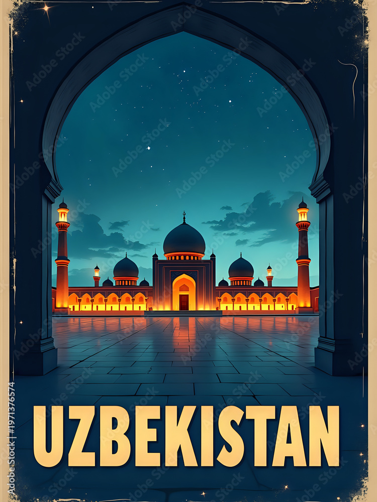 A view of a famous building in Uzbekistan at night. The structure has bright lights that shine on the arches. The sky appears dark with some stars visible above the city, adding to its beauty.