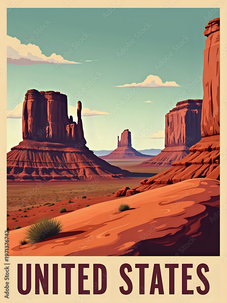 Large rock formations rising from red earth in Monument Valley. The sky is bright with few clouds. This view captures a famous landscape in the United States.