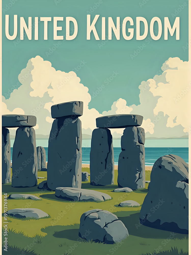 A group of large stone structures stands on green grass with a view of the water. White clouds fill the sky above the stones. This location is known in the United Kingdom for its historical value.