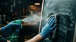 © GOPAL MONDAL - Cleaning the Chalkboard: A person diligently sanitizes a chalkboard, with gloves and spray bottle and cleaning cloth.