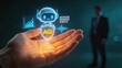 © Emily - Businessman hand holding hologram of AGI robot artificial general intelligence data security shield binary code voice recognition growth chart futuristic technology concept
