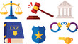 © PJ DeSign - Set of law and justice icons including scales gavel courthouse police badge handcuffs legal book authority symbol vector illustration collection
