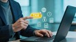 © Sarah - Businessman pressing virtual tax button on laptop screen with financial icons online accounting digital payment internet banking corporate finance modern office technology concept