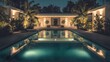© oksanatukane - Modern luxury villa with pool at sunset. Contemporary architecture for elite real estate. Elegant evening lighting and water reflection.