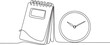 © KDP Coloring Pages - Continuous line of a spiral bound notebook standing upright next to a round analog wall clock showing time on a white background representing planning and time management concepts