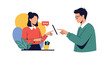 © Rabbi - Man and woman in modern casual attire interacting with a digital tablet device while surrounded by colorful abstract shapes and a plant pot.