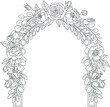 © Peer - Elegant hand drawn black outline floral arch with various blooming roses, peonies, and decorative leaves, perfect for weddings, invitations, or event decorations on a clean white background.