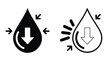 © welcome  saiful - Low water level icon vector, down water level sign, water drop icon with arrow, water drops falling downwards indicator, water scarcity and depletion warning symbol, liquid level decrease concept,