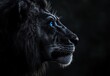 © DnQajik - A side profile of a majestic black lion with a thick mane, featuring a striking, glowing blue eye against a dark, moody background