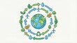 © FestiveFrame Studio  - Wind renewable cycle earth illustration with solar panels water drops trees and circular arrows for world wind day sustainability concept environmental awareness usage