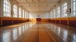 © Photo Hub - Empty indoor basketball court with wooden floor and bright windows