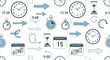 © Huzaifa Creatives - Various analog wall clocks and digital calendars combined with sand timers and blue direction arrows create a repeating pattern design.