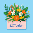 © SelenicReign - Vibrant illustration of a pink envelope brimming with a colorful floral bouquet and green leaves, conveying heartfelt best wishes for celebrations and special moments
