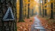 © miss irine - Triangular trail marker with pine tree symbol on rough tree bark. Winding path through forest in autumn, fallen orange leaves cover ground. Trees yellow foliage, blurred background suggests distance.