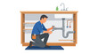 © Creative C - Professional Plumber Fixing a Kitchen Sink Pipe with a Wrench, Flat Vector Illustration of Plumbing Maintenance and Repair Services