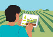 © Vector Factory - A young man monitors a tablet displaying a soil sensor graphic over a field. Smart irrigation technology visualized. Modern, informative, agricultural.