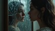 © Vadym - Woman contemplates fragmented reflection in broken mirror. Her image shatters distorting features. Anxiety, identity crisis, or mental health themes.