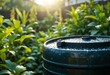 © Canvas Studio - Close-up of a black rain barrel lid covered in water droplets in a lush green garden. rain water tank