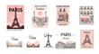 © NanzZ - A set of Paris-themed travel postcards features various landmarks and city scenes, rendered in a vintage style with pastel color palettes and delicate line work, creating a charming