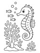 © CrazyJuke - Seahorse in the Deep Sea: An artful illustration depicts a charming seahorse gracefully navigating its underwater habitat. Alongside small fishes and coral.
