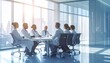 © Keisa - A group of medical professionals in white coats are engaged in a serious discussion around a conference table in a modern, brightly lit office with a city view.