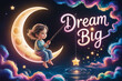 © Jawad - A young girl sitting on a crescent moon, swinging into the night sky with colorful clouds and stars.