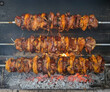 © fiore26 - Mixed meats roasting on a rotisserie over glowing coals
