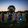 © Sarsu - Children Playing with Fireflies in Field at Dusk.