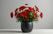 © MDFARIDUL - Colorful Daisy Flower Bouquet in Modern Black Pot on Minimal Light Background, Pink Red Yellow White Purple Blue Orange Peach Lavender Mixed Floral Arrangement, Elegant Home Decor Plant, Minimalist.