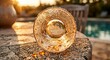 © Nguyen Tuan - Close up of a spilled glass on a stone table at sunset with golden light creating beautiful sparkling amber droplets